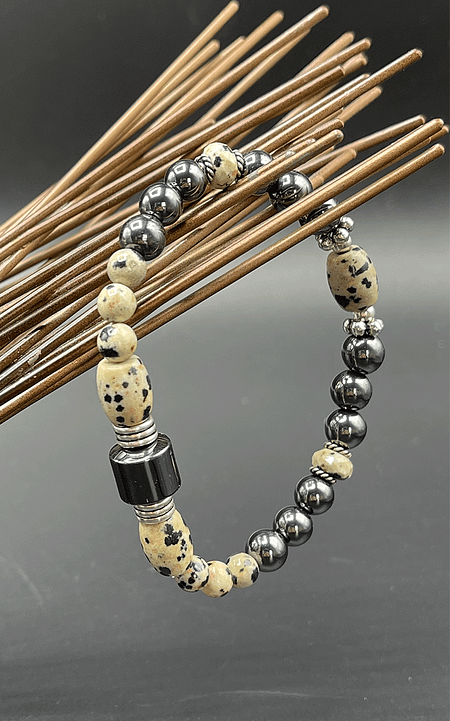 hematite, Dalmatian jasper and sterling silver bracelet