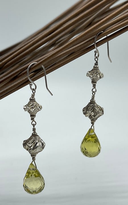 Crinkled Silver & Faceted Citrine Drop Earrings