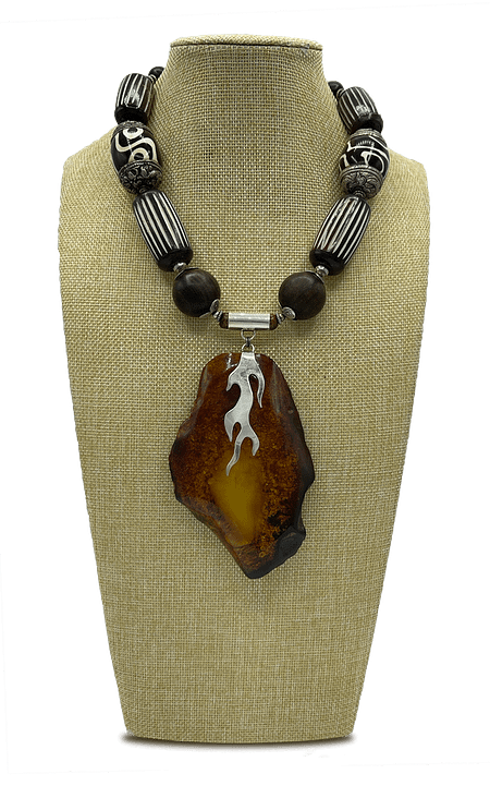 Fire' Baltic Amber Pendant and Tibetan Wood Necklace