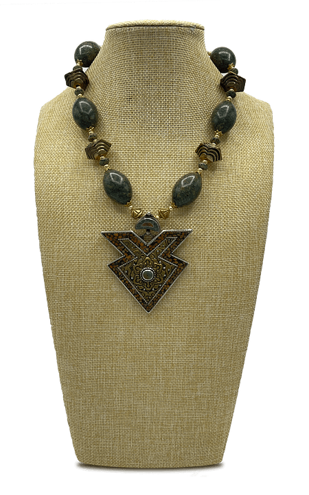 Russian Serpantine and Tibetan Vintage Pendant Necklace