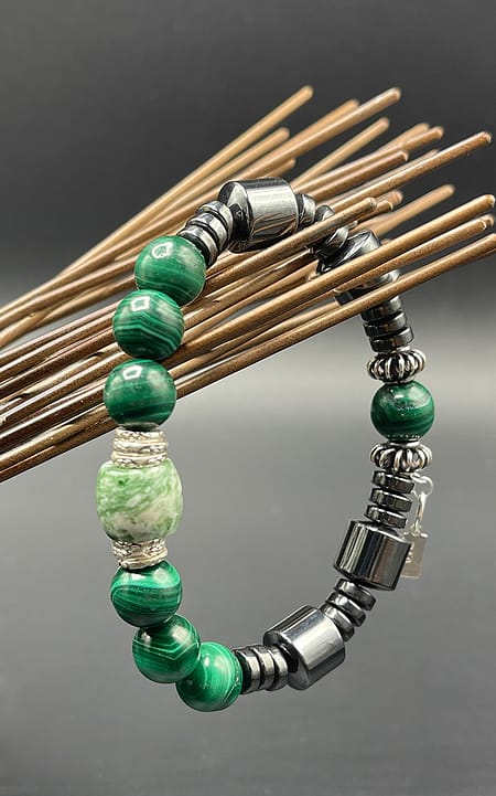 Serengeti - green tree agate with malachite, hematite, Thai silver and sterling silver